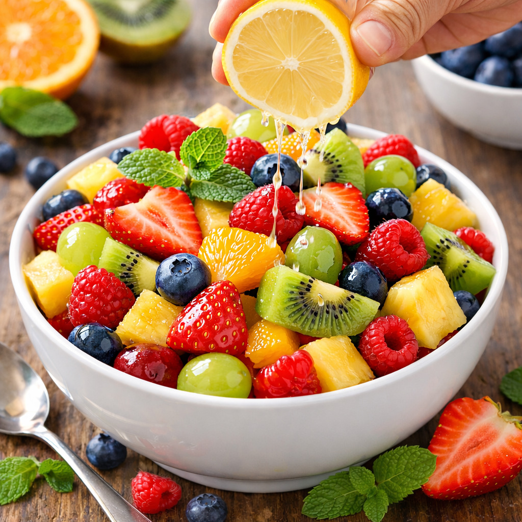 లెమన్ జ్యూస్ ఫ్రూట్ సలాడ్‌పై స్ప్రే చేయడం